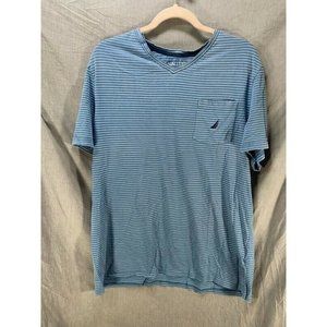 Nautica Shirt Adult 2XL Blue White Striped V-Neck Short Sleeve Pullover Tee Mens
